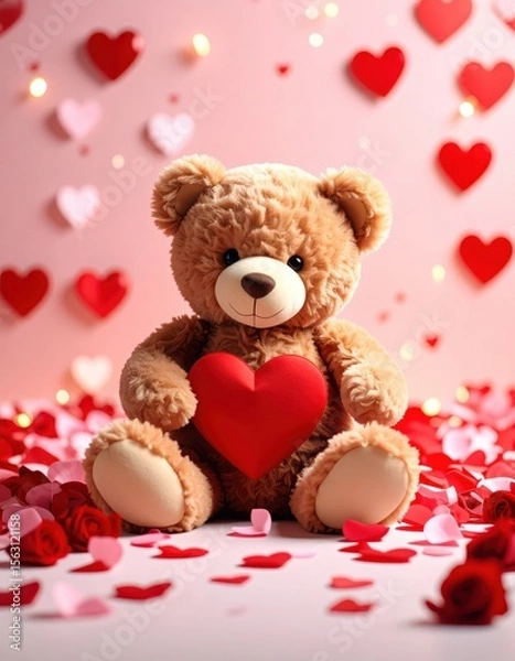 Fototapeta A fluffy brown teddy bear sits amidst scattered rose petals and paper hearts, holding a red heart, perfect for Valentine's Day
