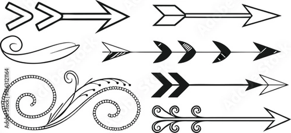 Fototapeta Various Arrow Designs – Creative Arrow Shapes, Symbols, and Graphics,Black arrow designs pointing,including single arrows,double arrows, outline arrows,circular arrows,Display of various arrow designs