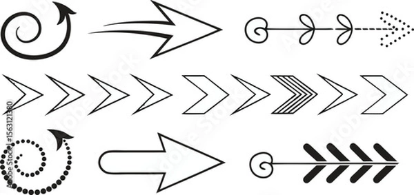 Fototapeta Various Arrow Designs – Creative Arrow Shapes, Symbols, and Graphics,Black arrow designs pointing,including single arrows,double arrows, outline arrows,circular arrows,Display of various arrow designs