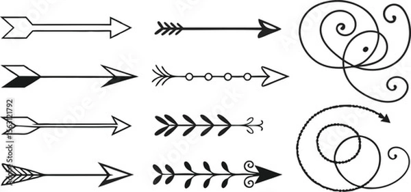 Fototapeta Various Arrow Designs – Creative Arrow Shapes, Symbols, and Graphics,Black arrow designs pointing,including single arrows,double arrows, outline arrows,circular arrows,Display of various arrow designs