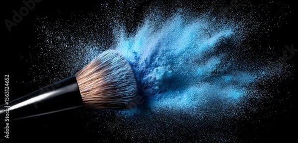 Obraz A makeup brush with blue powder exploding against a black background in a studio setting