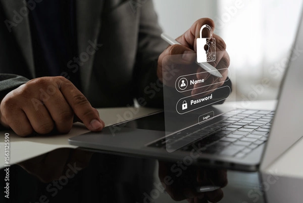 Obraz Cybersecurity Data privacy image shows person using laptop with digital overlay of login form and padlock icon, symbolizing cybersecurity