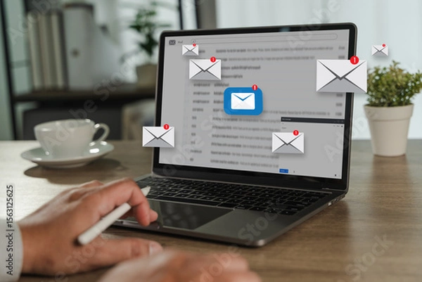 Obraz man reading e-mail on smartphone email inbox and email with laptop on internet information from spam mail
