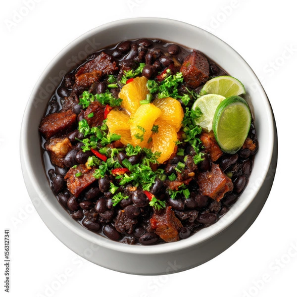 Fototapeta A flavorful bowl of feijoada with orange slices and lime isolated on transparent background