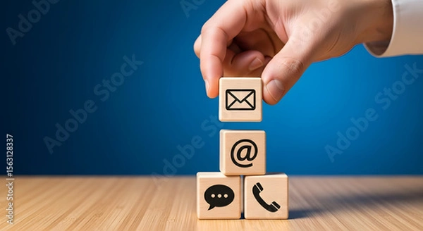 Fototapeta Hand stacking wooden blocks with email, at symbol, chat, and phone icons, symbolizing communication and contact methods on a wooden surface.