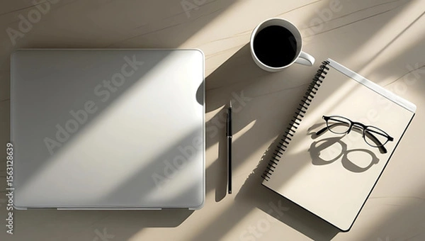 Fototapeta Flat Lay of Workspace with Laptop and Coffee, Minimal Office Desk with Notebook and Cappuccino, Business Workspace Setup with Eyeglasses and Laptop, generative ai

