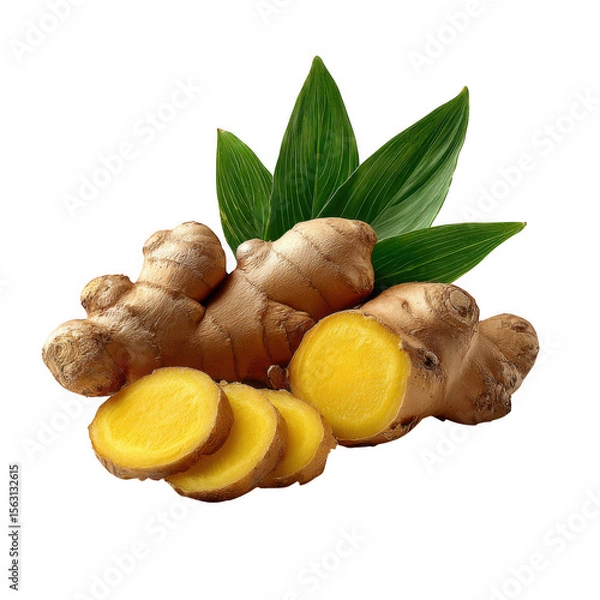 Fototapeta Fresh ginger root with green leaves and slices isolated on transparent background