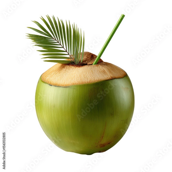 Fototapeta A fresh green coconut drink with a straw and palm leaf isolated on transparent background