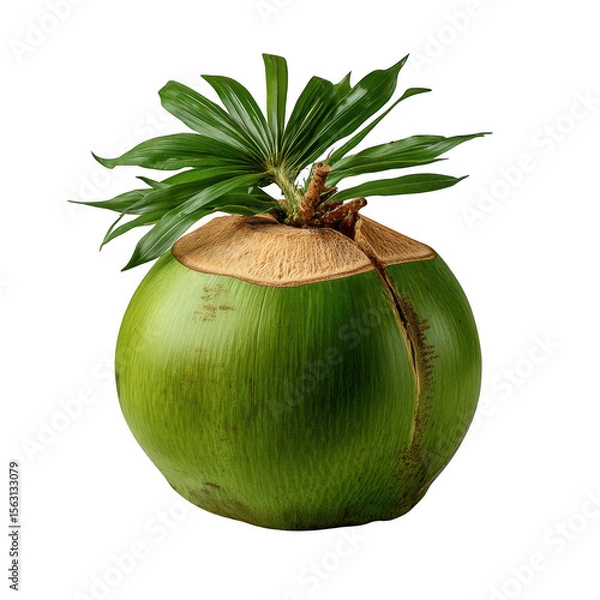 Fototapeta A fresh green coconut with palm fronds on top, isolated on transparent background