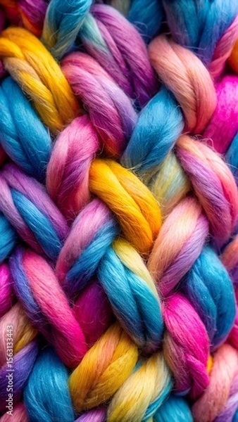 Fototapeta Closeup view of a vibrant and colorful braided yarn, showcasing its intricate texture and the bright, rainbow hues of its threads
