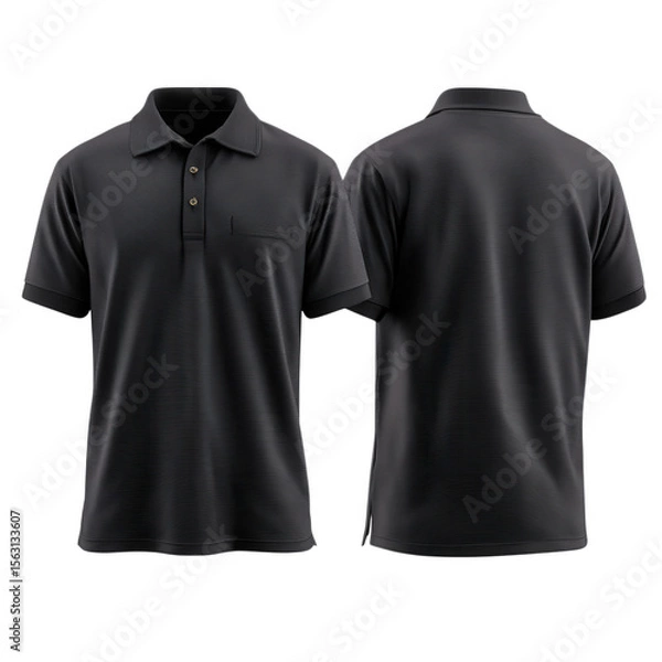 Fototapeta A black polo shirt with short sleeves and a pocket, shown from the front and back, isolated on transparent background