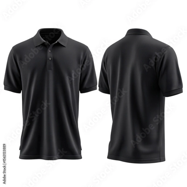 Fototapeta A black polo shirt with short sleeves is displayed from the front and back isolated on transparent background