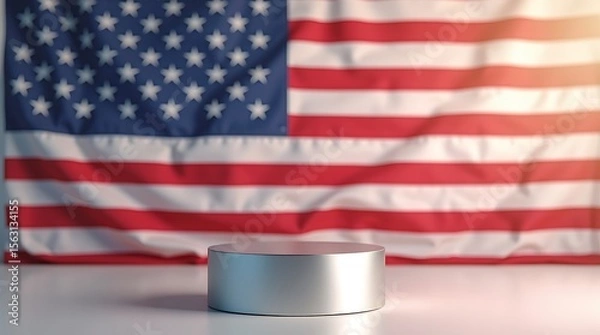 Obraz Sleek titanium gray podium in sharp focus with blurred American flag softly visible in the background