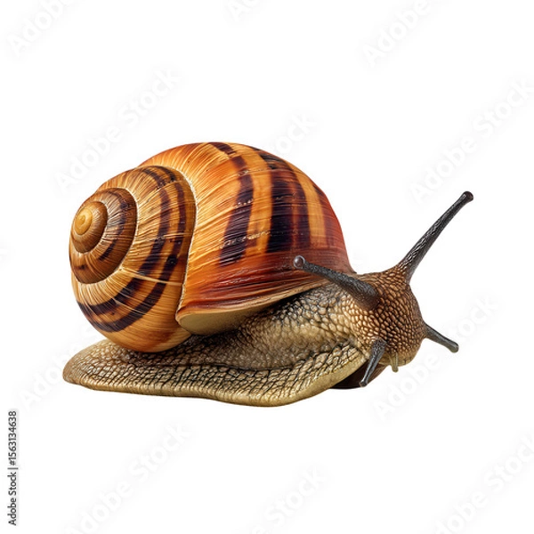 Fototapeta A brown striped snail slowly crawls, isolated on transparent background, showcasing its intricate shell pattern