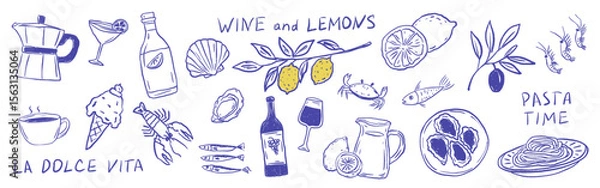 Obraz Playful Italian food and wine collection with seafood, lemon, pasta, coffee pot and handwritten sign. reflecting La Dolce Vita spirit. Vector illustration in hand-drawn crayon style for print or card.