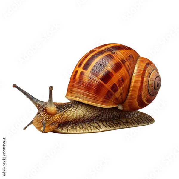 Fototapeta A brown striped snail crawls slowly, isolated on transparent background