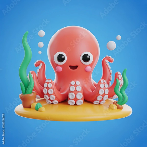 Fototapeta Happy cartoon octopus with big eyes and rosy cheeks sits on a yellow base with sea plants, surrounded by bubbles on a blue background.  AI generated.
