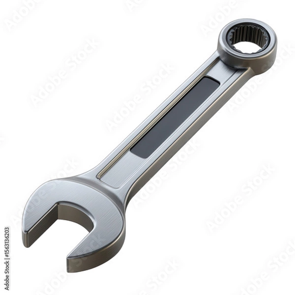 Fototapeta A shiny metal wrench with an open end and box end is isolated on a transparent background