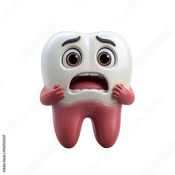 Fototapeta A cartoon tooth character with a scared expression is isolated on transparent background