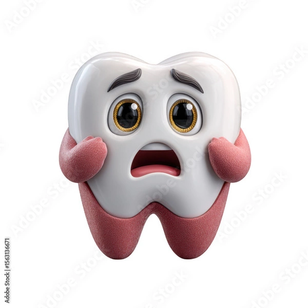 Fototapeta A cartoon tooth character looks worried and scared about dental problems and decay, isolated on transparent background