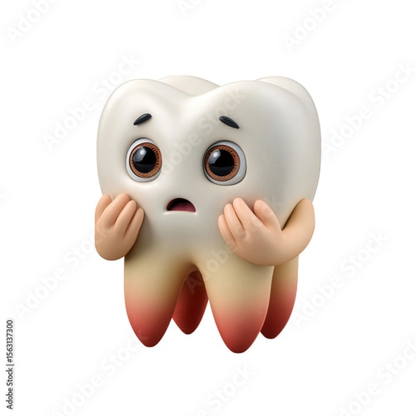 Fototapeta A cartoon tooth character looks worried and scared about dental problems and decay, isolated on transparent background