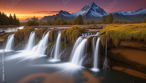 Fototapeta Beautiful waterfall in the forest. Twilight with sunlight.