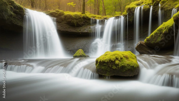 Fototapeta Beautiful waterfall in the mossy rainforest. The forest is full of green trees. AI generated.