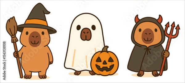 Fototapeta Set of cute capybara  characters on Halloween isolated on white background. Vector illustration.