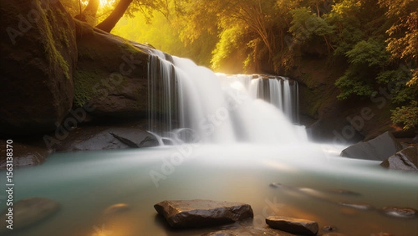 Fototapeta Beautiful waterfall in the forest. Twilight with sunlight.