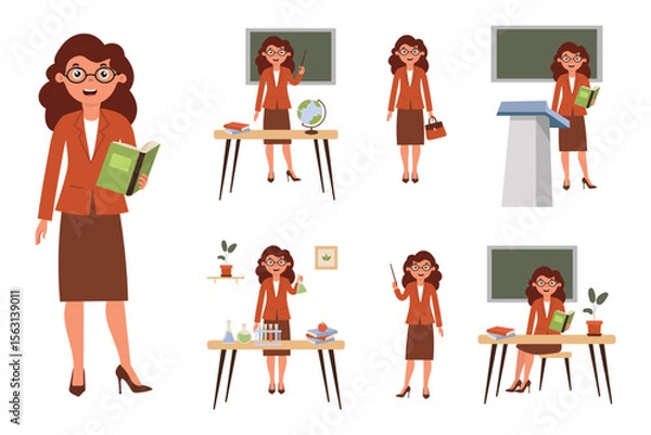 Obraz Set of teacher characters in different educational activities in the classroom during the day. Set for animation. Vector illustration in flat style on white background.