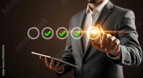Fototapeta Businessman in suit touching a holographic interface with five green checkmarks, holding a tablet, symbolizing task completion or approval process.