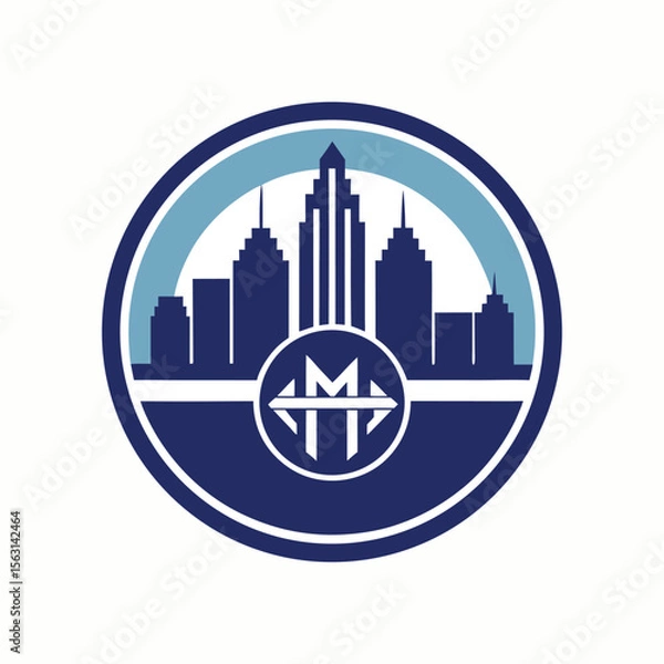Fototapeta Minimalist skyline monogram badge with modern initials inside circular emblem, elegant city silhouette logo for branding and business identity.