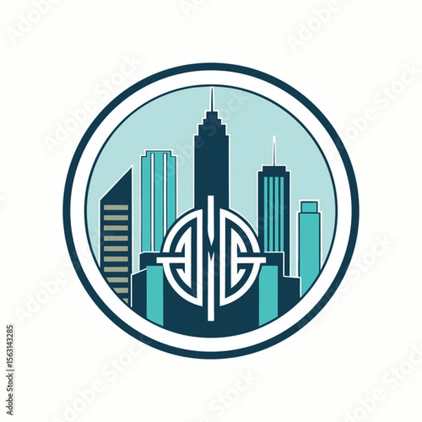 Fototapeta Minimalist skyline monogram badge with modern initials inside circular emblem, elegant city silhouette logo for branding and business identity.