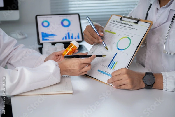 Fototapeta A doctor and a patient are looking at a chart with a green circle on it