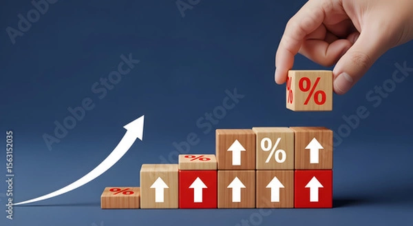 Fototapeta Hand stacking wooden blocks with percent signs and upward arrows, forming a rising graph, symbolizing financial growth and investment success on blue.