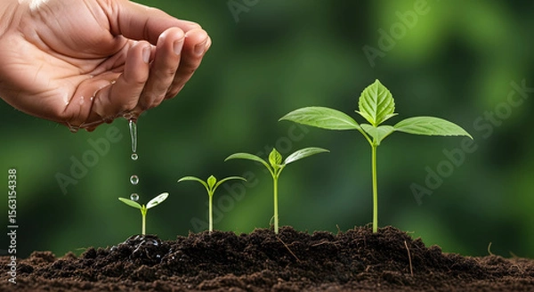 Fototapeta Hand watering young green plants growing from soil, symbolizing growth and care, with water drops nurturing seedlings in a lush garden setting.