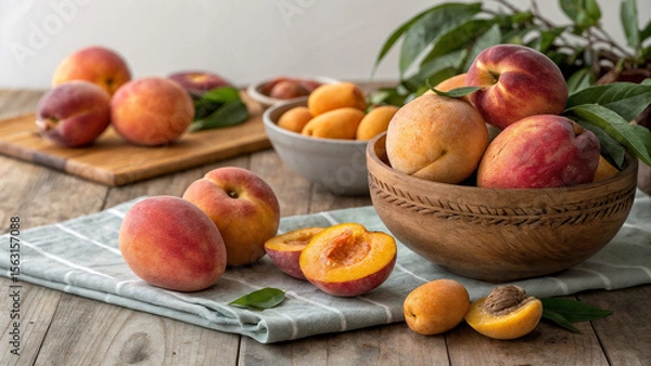 Fototapeta  there are multiple peaches, some whole and some cut in half, along with apricots and their pits. The fruits are placed on a wooden table with a cloth and a bowl, and there are leaves scattered around