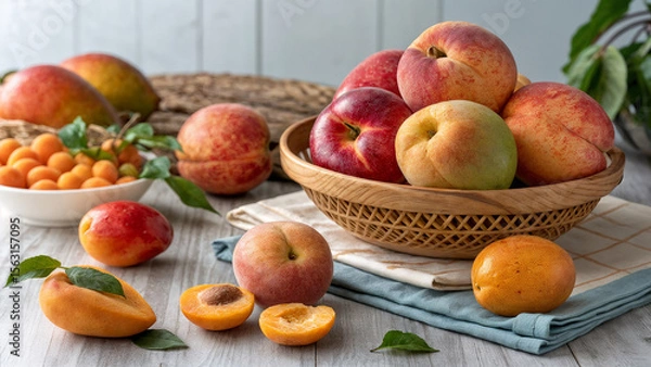 Fototapeta shows a variety of fresh fruits, including peaches and apricots, arranged on a wooden table. There are whole peaches in a wooden basket, sliced peaches on the table, and a bowl of apricots. The fruits
