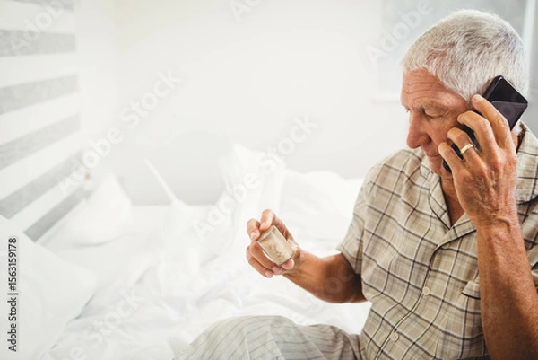 Obraz Senior man holding smartphone and examining pill bottle on striped headboard bed in morning light
