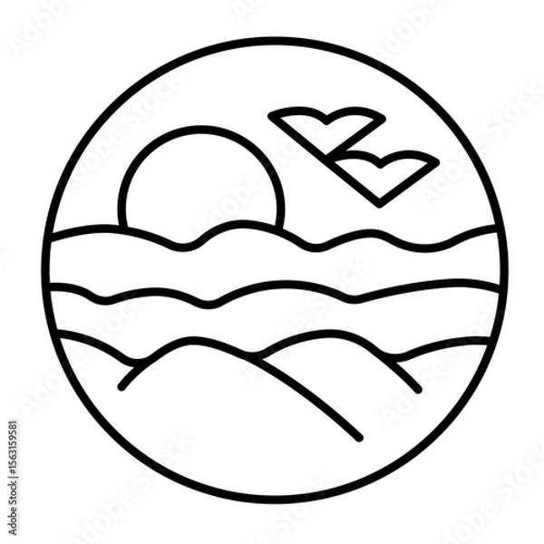 Fototapeta Sandy desert sunset bubble thin line icon, arabian desert concept. Vector graphics. Desert landscape with sun and mountains sign on white background, style mobile or design.
