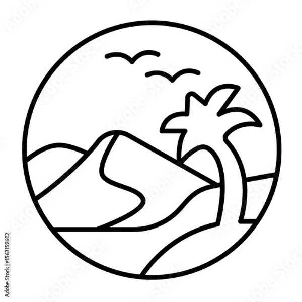 Fototapeta Desert with palm tree and sky birds thin line icon, desert flora concept. Vector graphics. Palm tree in sandy desert sign on white background, style mobile or design.