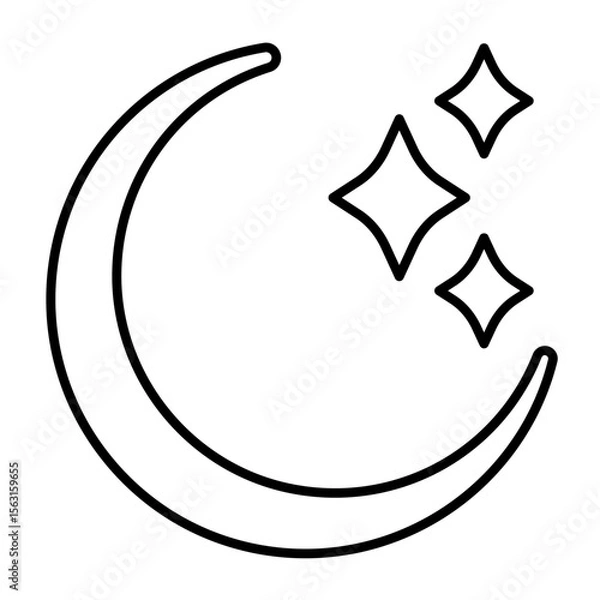 Fototapeta Night sky with moon and stars thin line icon, arabian desert concept. Vector graphics. Moon and stars, starry night sign on white background, style mobile or design.