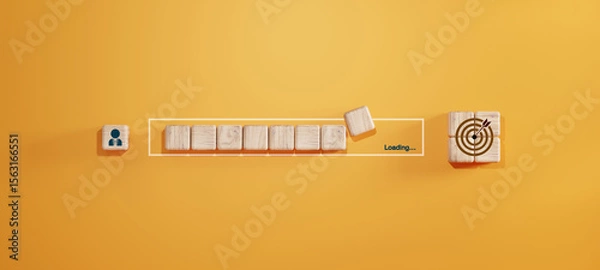 Fototapeta Concept of marketing conversion with wooden blocks in progress bar form. From user icon to target symbol. Ideal for CRM, customer journey, and digital marketing strategy.
