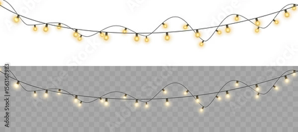 Fototapeta Festive string light garland with decorative cotton ball bulbs. Perfect for Christmas, New Year, wedding or party design. Transparent PNG ideal for overlays, invitations, mockups, or digital decor.