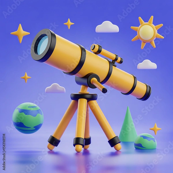 Fototapeta A yellow telescope on a tripod aimed at the sky, surrounded by stars, planets, clouds, and a sun on a purple background in a playful 3D style. AI generated.