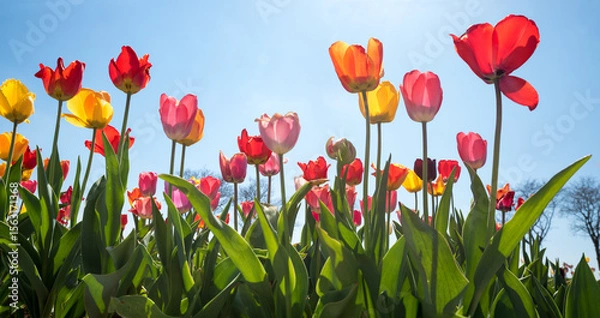 Obraz colorful tulip flowers, view from bottom up