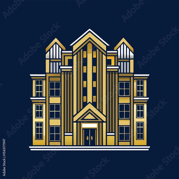 Fototapeta Luxury apartment building illustration with gold and navy color, modern architecture, symmetrical lines, elegant urban city real estate vector