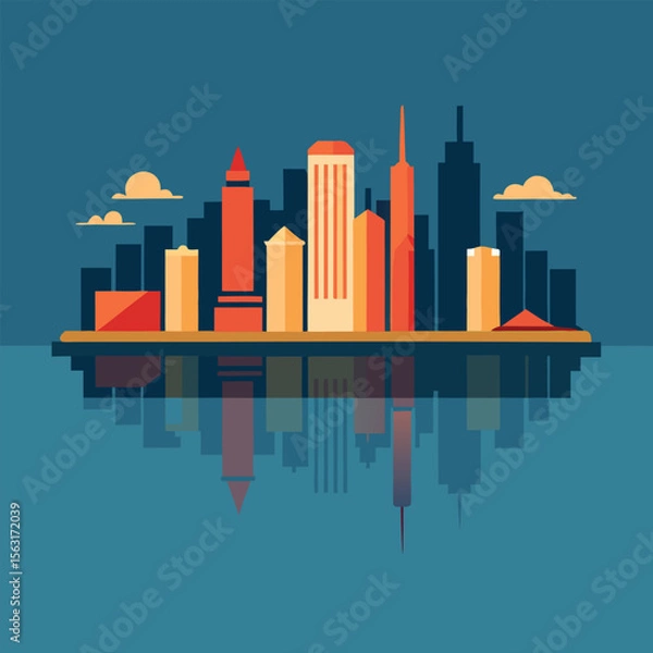 Fototapeta Minimal Skyline Vector Illustration with Reflection Effect for Premium Architecture, Real Estate, Business Agency, Corporate Branding and Presentations