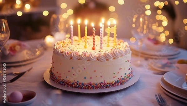 Fototapeta Birthday cake with candles on a festive table
