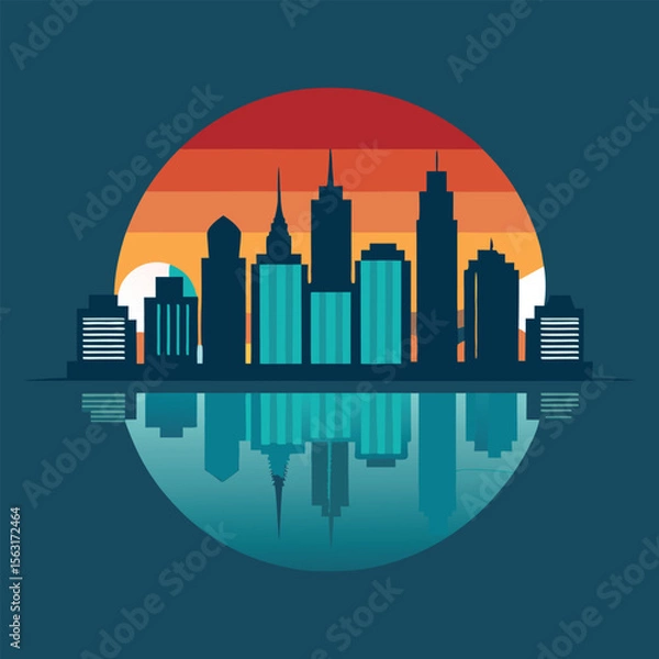 Fototapeta Minimal Skyline Vector Illustration with Reflection Effect for Premium Architecture, Real Estate, Business Agency, Corporate Branding and Presentations